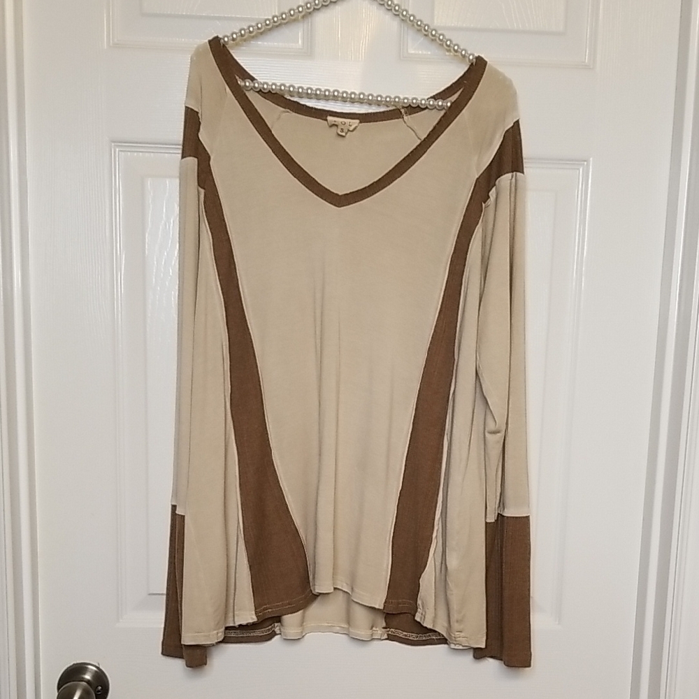 Pol Color Block Longsleeve V Neck Beige Brown Oversized Fit Earthy Tone Top